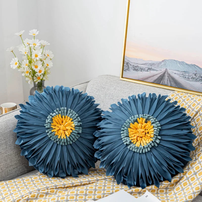 Modern Style Yellow White Throw Pillows Round  45*45 Velvet Stitching 3D Chrysanthemum Cushion Cover Waist Blue Cute Pillowcase