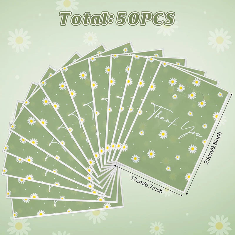 50Pcs Green Daisy Thank You Tote Gift Bags Plastic Candy Cookie Packaging Bag For Wedding Birthday Party Favors Small Business