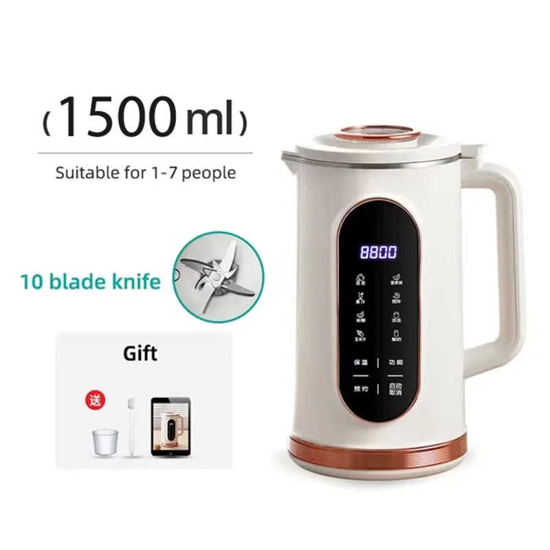 1500ML Soy Milk Machine Electric Juicer Blender Mixer Nut Milky Maker Wall Breaking Machine 10-leaf Blade Breakfast Machine
