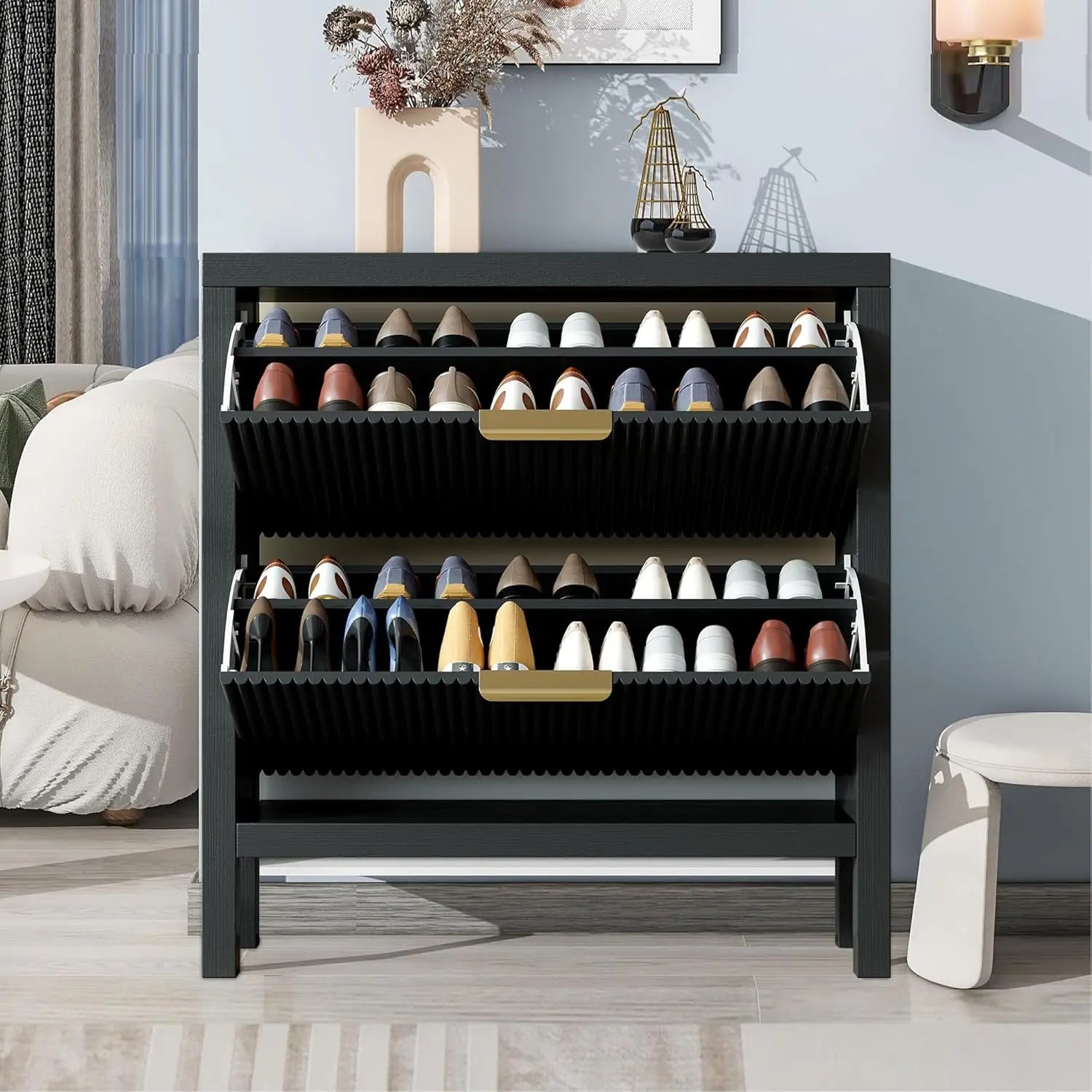 " Armoire à chaussures moderne à 2 niveaux – Conception autoportante à tiroirs rabattables, organisateur en bois de grande capacité pour l'entrée"