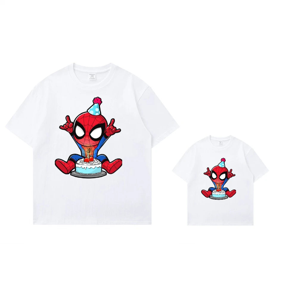 Marvel Printed Cotton TShirt Spider Man Celebrate Birthday Graphic Summer Autumn Family Matching Outfits Parent-child Unisex Tee