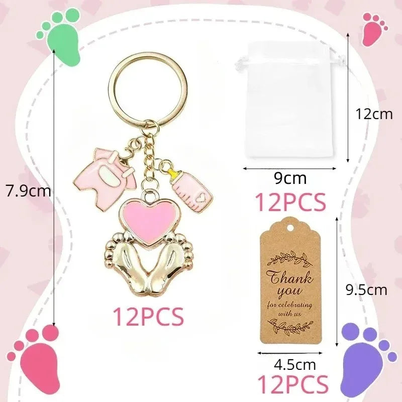 12 set Baby Shower Gifts Guests Footprint Keychains Christening Baptism Party Favors Girl Boy Thank You Decor Wedding Souvenirs