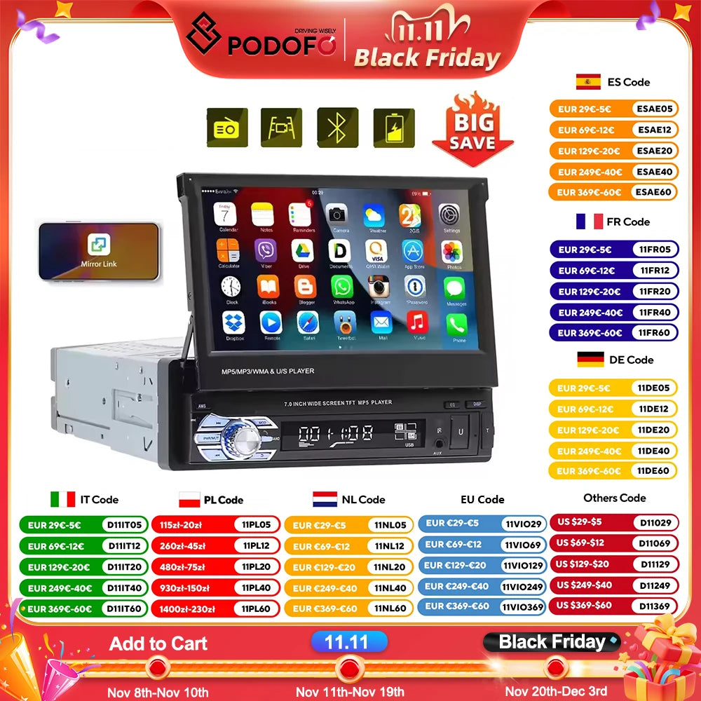 Podofo 1Din MP5 Player Mirrorlink Multimedia Player Bluetooth FM USB EQ 4Core 7 ''Retractable Screen Touch Screen Car Radio