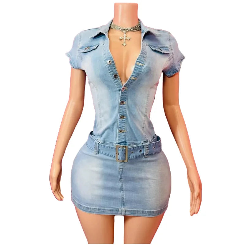 Benuynffy Sexy Half Button Elastic Denim Dress Women Summer 2025 New Turn-down Collar Fashion Slim-fit Bodycon Short Dresses