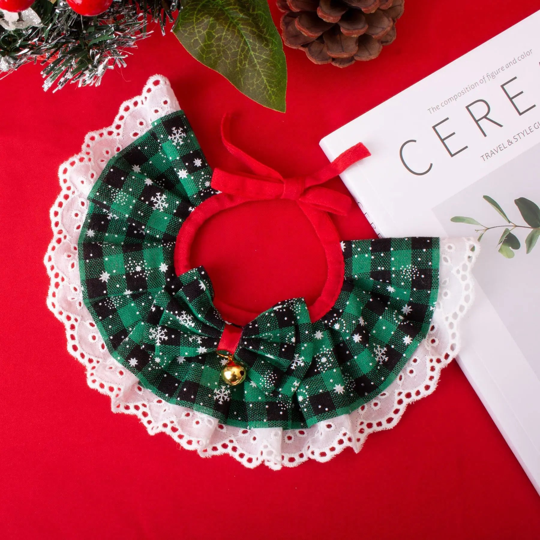 Pet Christmas Tie Bib Drool Towel Cat Dog Bell Scarf Holiday Accessory Plaid Lace Plaid Necklace Dog Accessories for Small Dogs