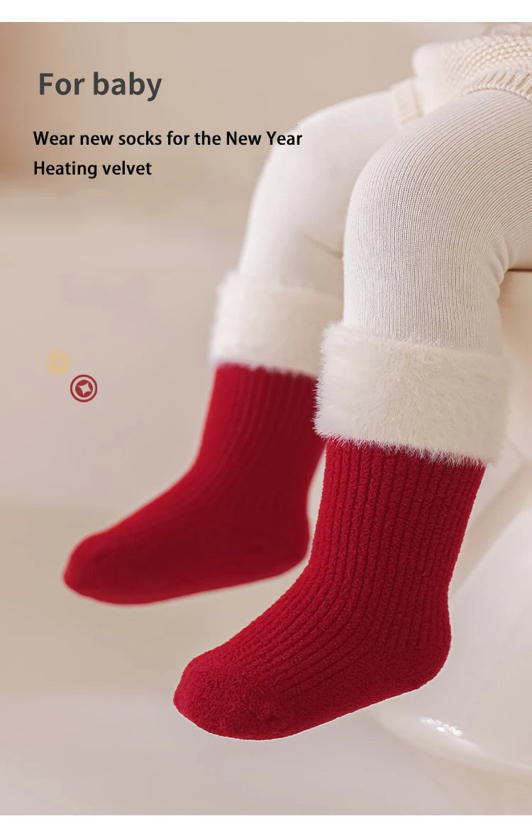 Red New Year Socks Newborn Baby Kids Soft Solid Thickened Velvet Toddler Mid Socks Girls Infant Boys Cute Boneless Socks 0-12Y