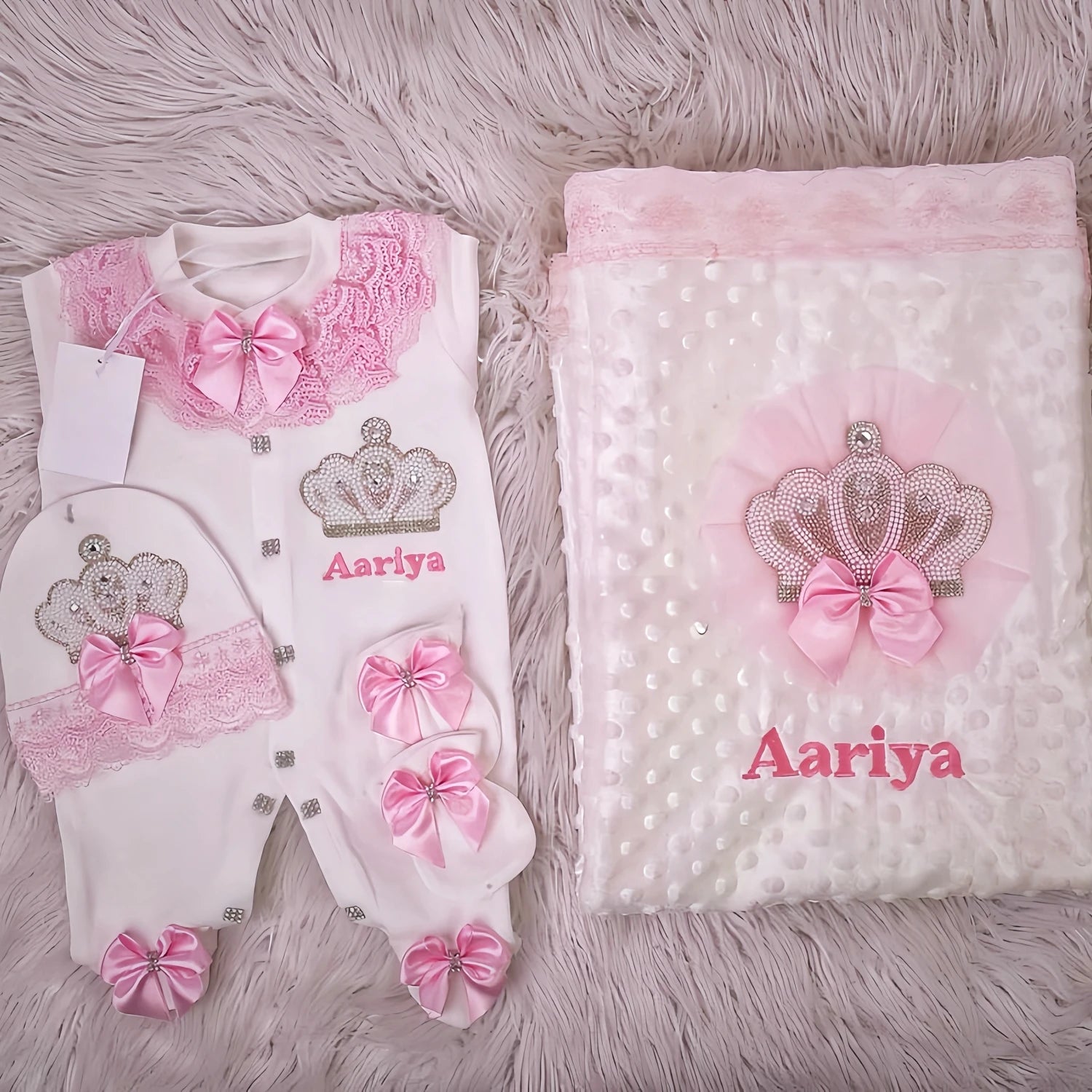 Customized Baby Name Newborn Pink Crown Jewels Gift Set 3pcs Outfits Pajamas Receiving Blanket Welcome Home Ceremonial dress