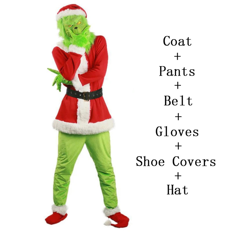 Grinch Christmas Costume for Adults Green Fleece Santa Suit with Red White Trim Festive Holiday Party Outfit Cosplay Full Set