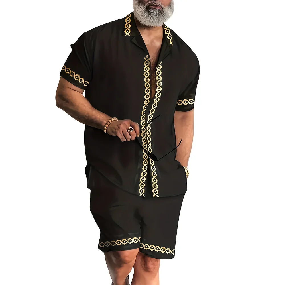 Vacation Men's 2-Piece Outfits Vintage Button Down Short Sleeve Shirt And Shorts Set Elastic Waist Shorts Short Sleeve Shirts