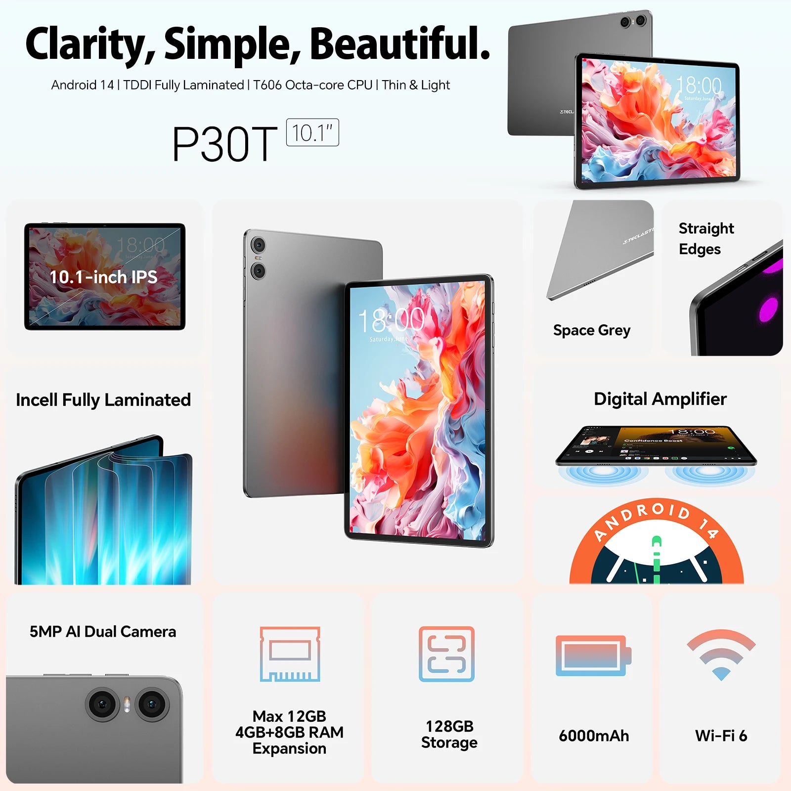 Teclast P30T Set 10.1" Tablet Android 14 T606 8-core Max 12GB RAM 128GB ROM 6000mAh Keyboard/Case/Mouse/Stylus/Headphone/Stand
