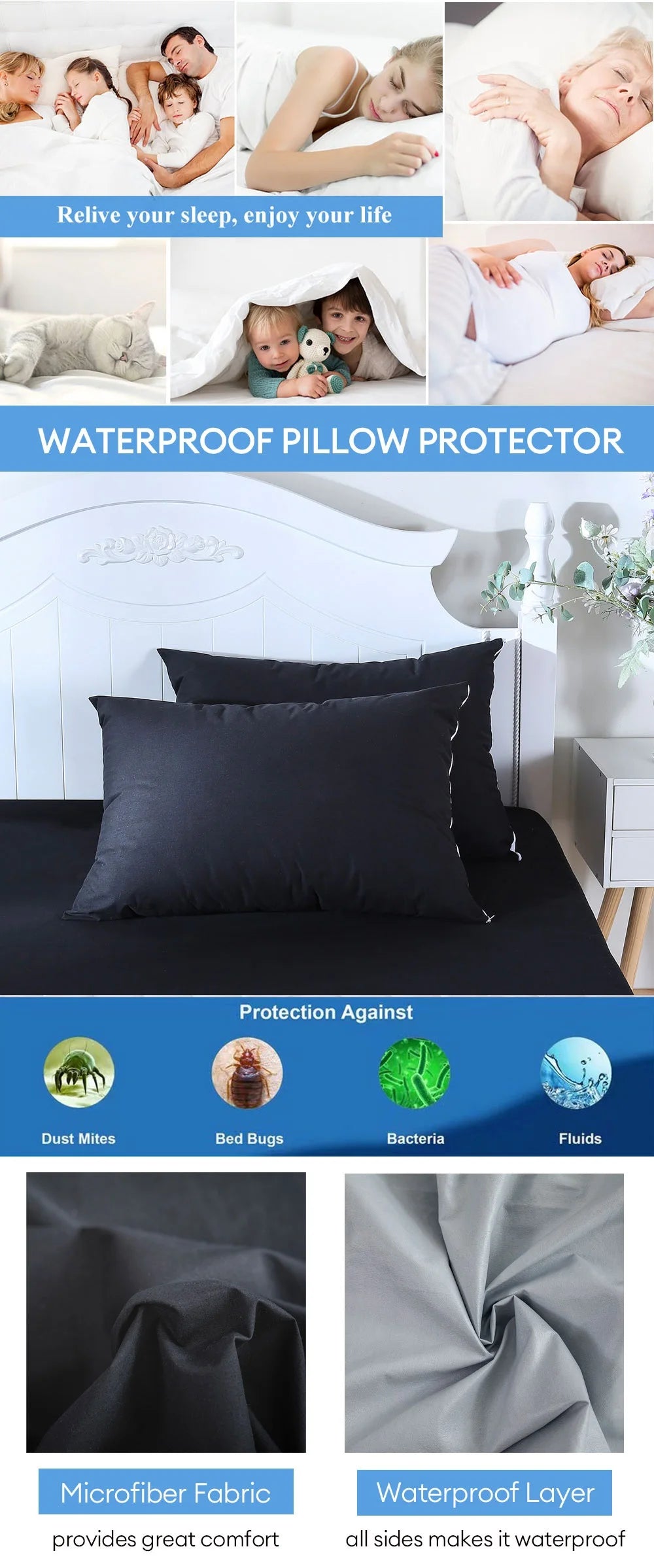 2pcs Solid Waterproof Pillow Protector Bedbug Proof Zipper Pillowcases Microfiber Fabric Pillow Cover