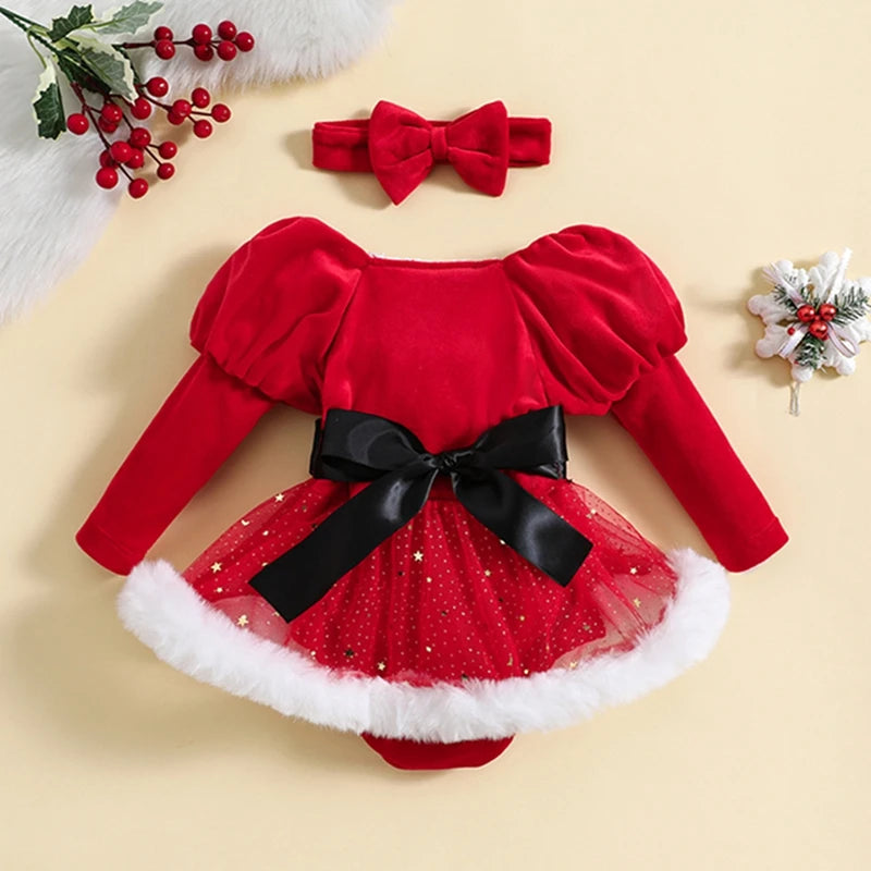 Baby Girls Rompers Dress Christmas Clothes Patchwork Sequins Stars Moon Skirt Hem Long Sleeve Toddler Bodysuits with Headband