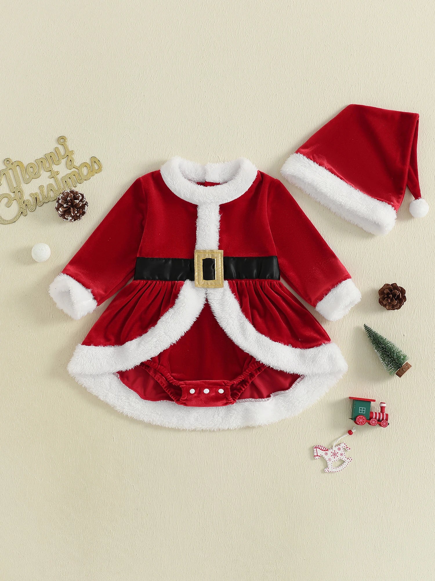 Baby Girl Christmas Outfit Plush Long Sleeve Romper Dress Hat Santa Costume 2 Piece Set