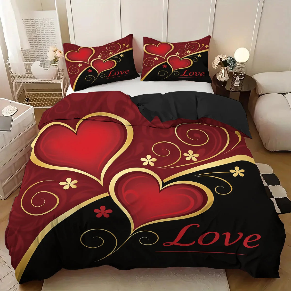 3pcs (1 duvet cover, 2 pillowcases, coreless), black and red Valentine's Day heart, Love design printed pattern bedding set