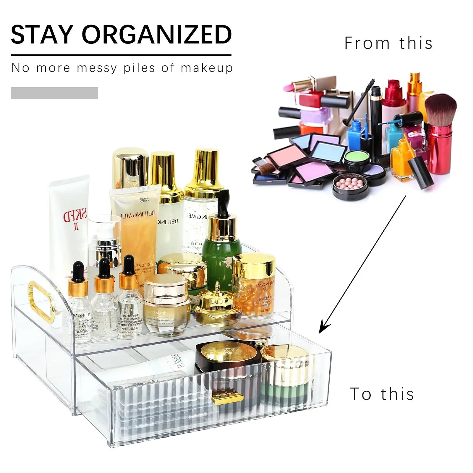 Makeup Organizer Countertop Clear Cosmetics Storage Boxes with Drawers & Portable Handle For  Vanity Skincare Desktop Bathroom
