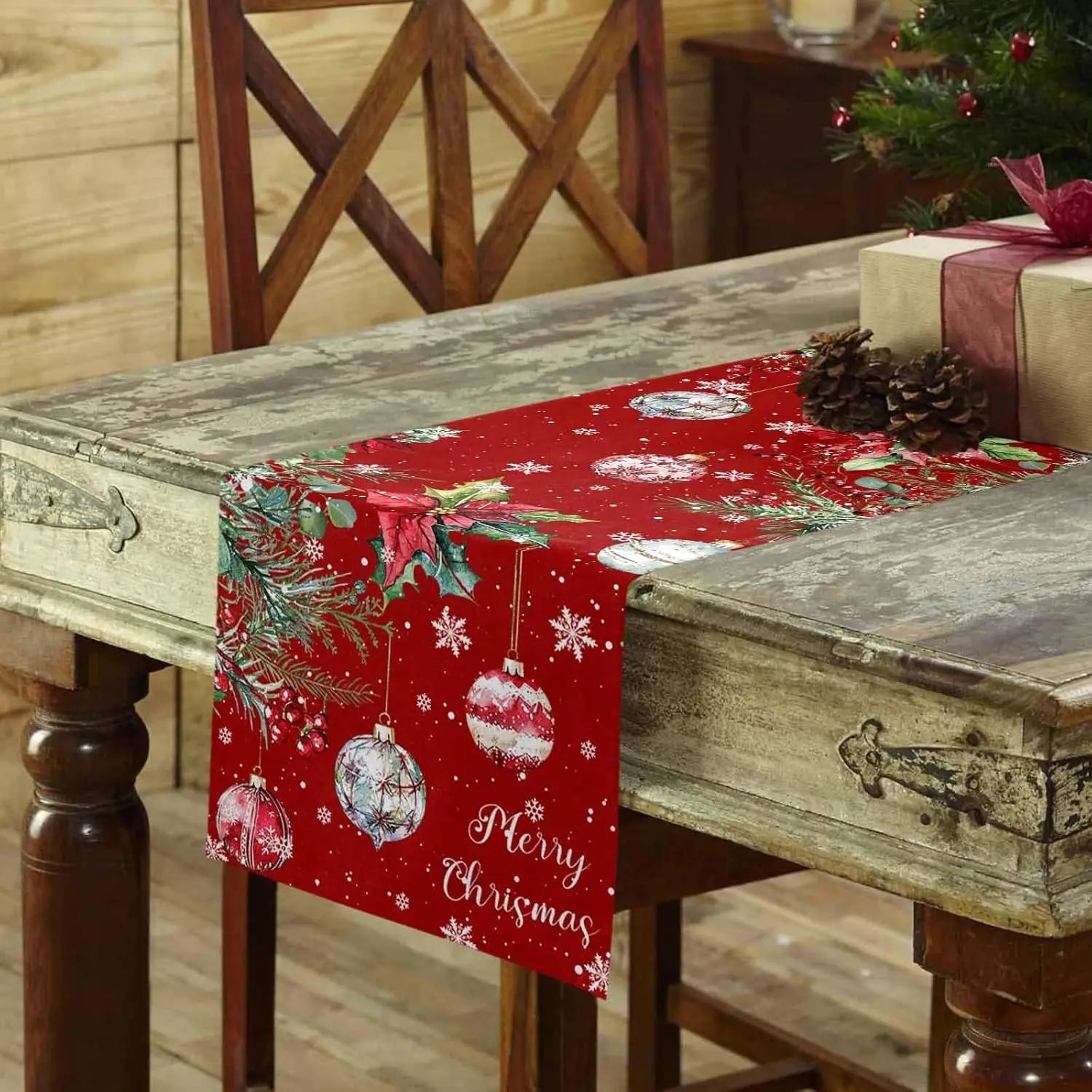 Merry Christmas Poinsettia Flower Ball Linen Table Runner Party Decor Winter Snowflake Berry Table Runners Christmas Decorations