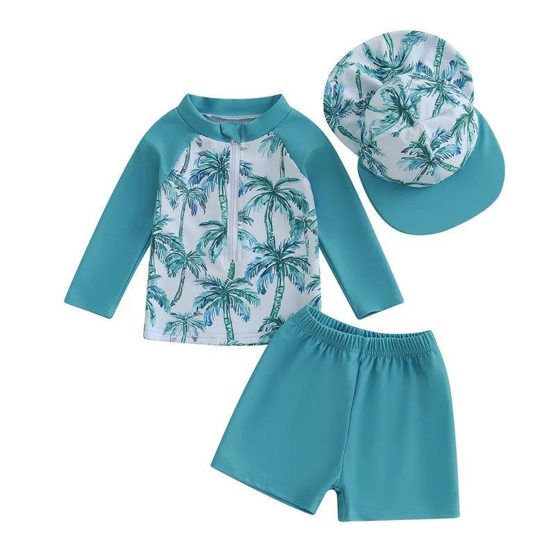 0-36months Toddler Boys Rash Guard Swimsuit Set Animal/Coconut Tree Print Long Sleeve Tops with Shorts and Swim Hat