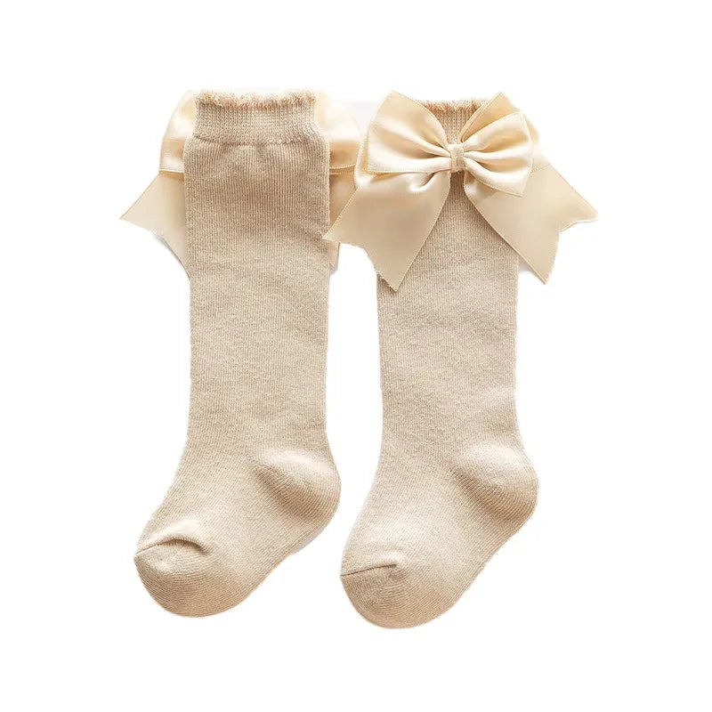 0-24months Infant Girl Below Knee Socks Solid Color Bow Decor Stockings For Girls Infant Breathable Socks