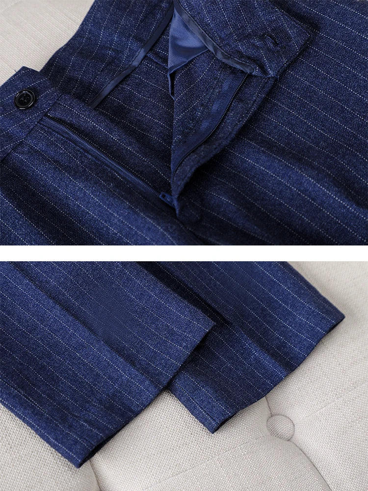 طقم بدلة رسمية نسائية مخططة باللون الأزرق والأسود مكون من قطعتين، مناسب للعمل في الخريف والشتاء، سترة وبنطلون