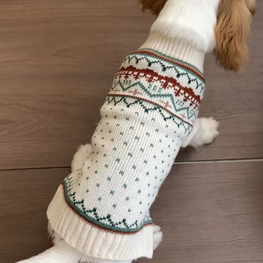 Pet Sweater for Dogs and Cats Fashion Warm Clothing in Winter Red and Green Gingerbread Cherry Deer Fresh Flowers White Sweater