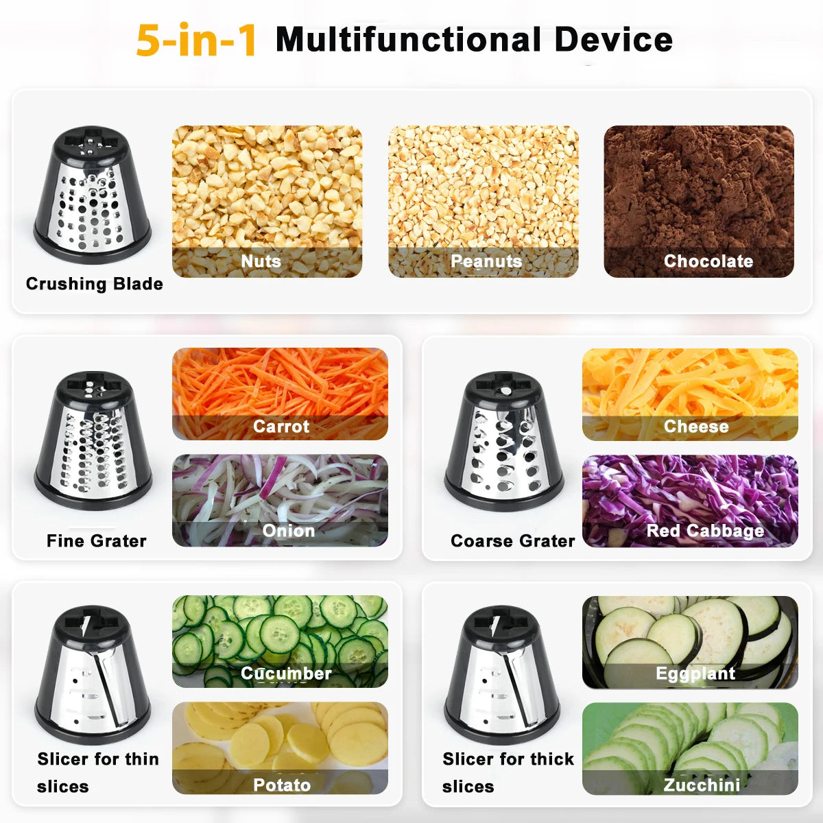 5 in 1 Electric Vegetable Cutter Shredder Automatic Salad Shooter Machine Cheese Grater Carrot Cabbage Slicer