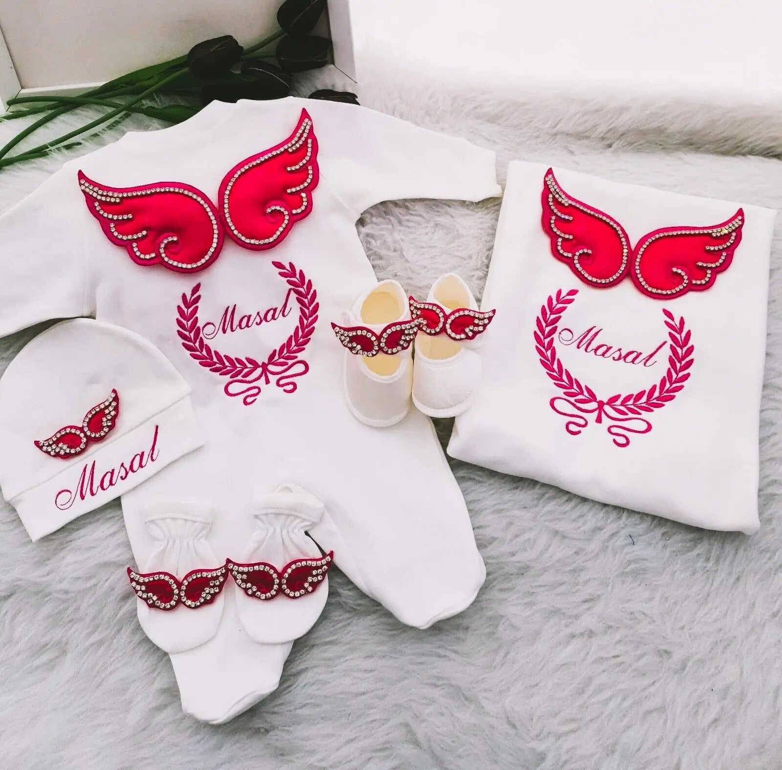 Dollbling 5pcs Wings Outfits Any Name Personalized Sweetwood Embroidery Gift Set Baby Pajamas Hat Welcome Home Ceremonial dress