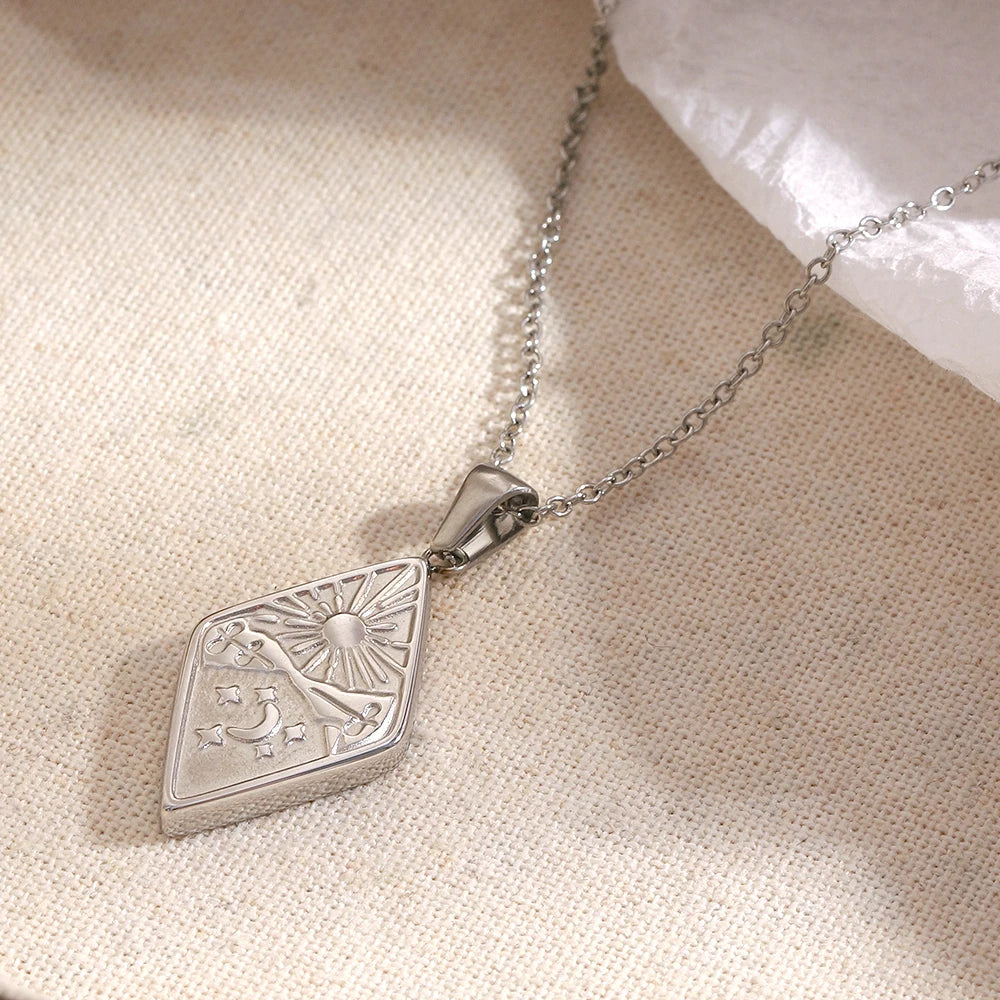 EBbelle 18k Gold Plated Rhombus Shape Moon Sun Pendant Necklace Stainless Steel Waterproof Fashion Unique Women's Jewelry