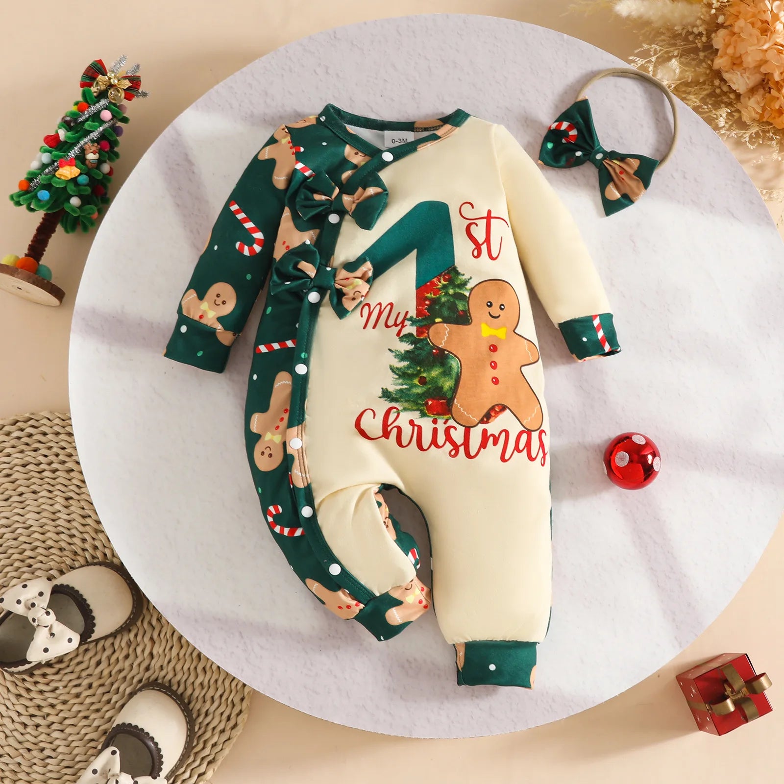 Prowow Baby Christmas Clothes 2025 Cartoon Pattern Green Romper Xmas Jumpsuit For Kids Newborn New Year Baby Costume Boy Girls