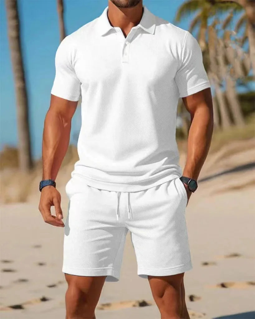 Men's Clothing Summer New Men's Casual Sports two-piece Mesh ventilation Breathable   Lapel Polo Shirt Short-Sleeved Suit