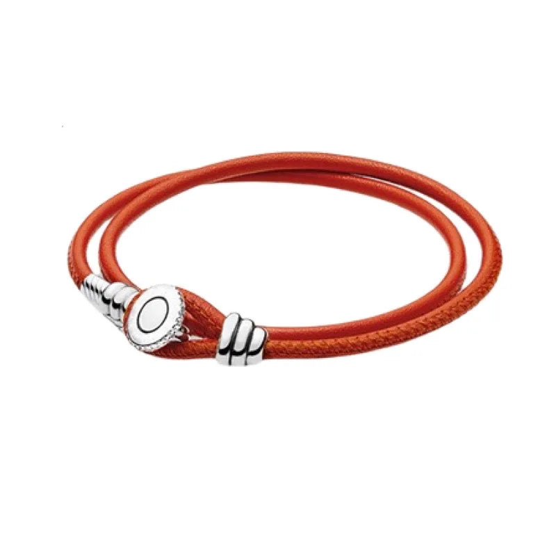 Original 925% sterling silver fashionable leather heart-shaped circular buckle charm bracelet for women DIY jewelry special gift