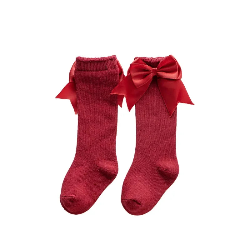 0-24months Infant Girl Below Knee Socks Solid Color Bow Decor Stockings For Girls Infant Breathable Socks