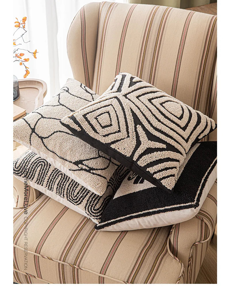 New Geometric Abstract Embroidered Cushion Cover Modern Beige Black Fully Tufted Pillowcase Home Decorative Pillows for Sofa