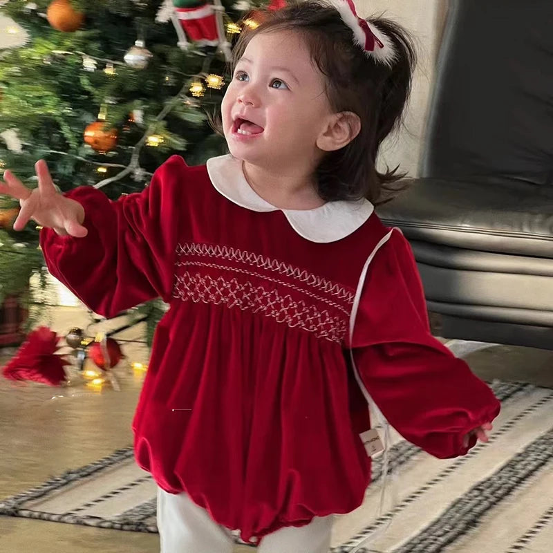 2025 Christmas 0-24M Baby Girls Jumpsuit Casual Bow Embroidered Long Sleeves Newborn Romper Christmas Party Toddler Cute Clothes