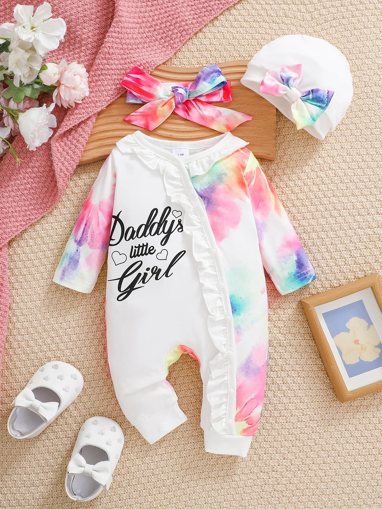 Newborn Girl Tie - Dye Romper Outfit: "Daddy's Little Girl" Print with Headwrap & Hat