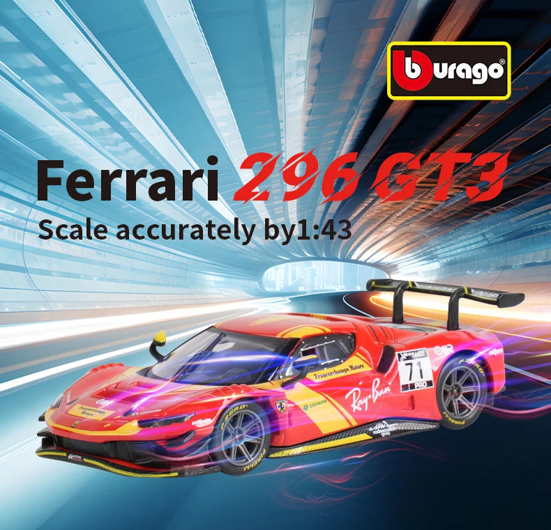 Bburago 1:43 Ferrari 296 GT3 Static Die Cast Vehicles Collectible Model Racing Car Toys