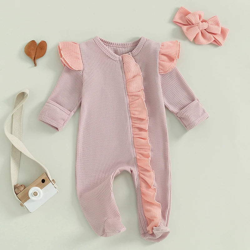 2024-05-11 Lioraitiin Baby Girls Outfit, Long Sleeve Crew Neck Frills Zipped Contrast Color Footies and Headband Fall Clothes
