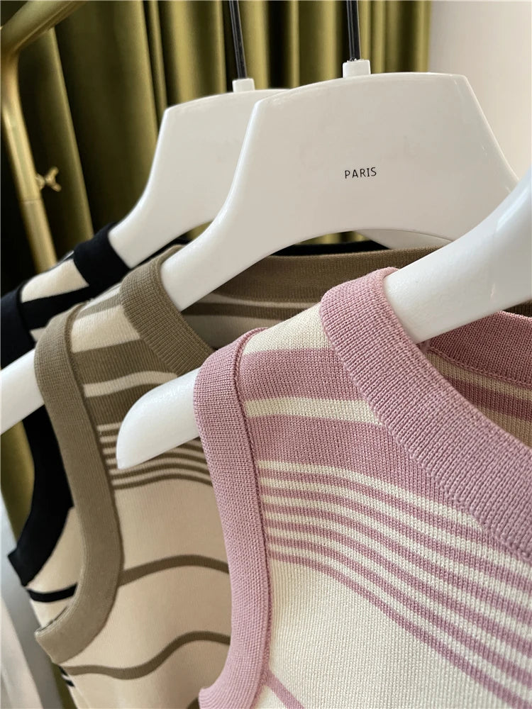 New Fashion Blocking Korean Style Crop Tops Knitted Striped Vest Women's Sleeveless Round Neck Versatile Tank Tops Ladies Basic