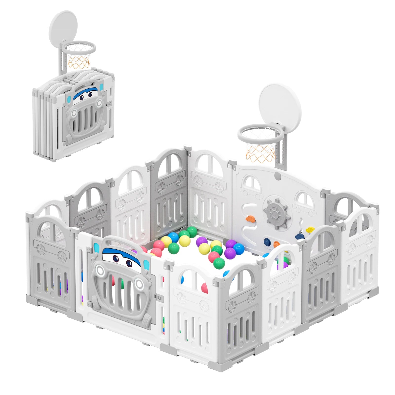 UBRAVOO Foldable Baby Playpen with Basketball Hoop & 50Pcs Coloured Pit Balls,  Toddler and Baby Play pen  fence, 14-Panel