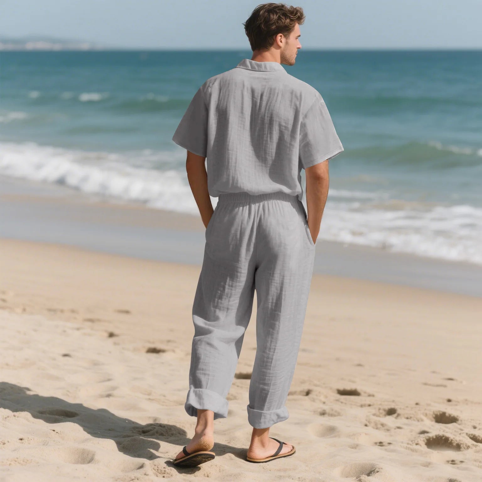 American Summer Men's Linen Casual Set Short-Sleeved Shirt And Long Pants 2-Piece Comfortable Loose Fit for Men