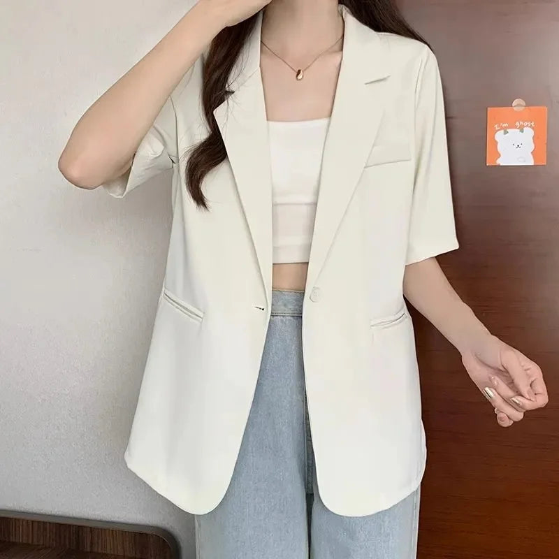 2025 Female Short Sleeved Suit Coat Women Summer Loose Fitting Solid Color Blazer Jacket Ladies Korean Leisure Tops Outerwear