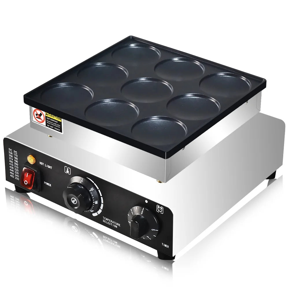 Mini Pancakes Maker Machine, Dutch Mini Pancake Griddle, 9 Holes 76mm Diameter Dorayaki Baker Machine， Electric Poffertjes Pan