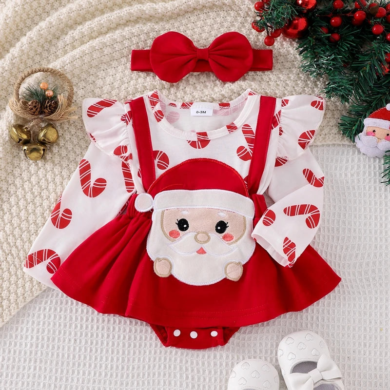 ma&baby 0-18M Christmas Newborn  Baby Girl Red Romper Long Sleeve Santa Ruffle Long Sleeve Jumpsuit Bow Headband Xmas Costumes