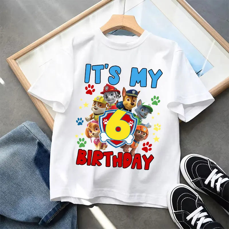 Paw Patrol Cute T-shirts for Children Cartoon Number 1-9 Printed Short Sleeved Shirt Boys Girls Summer Fashion Top Birthday Gift