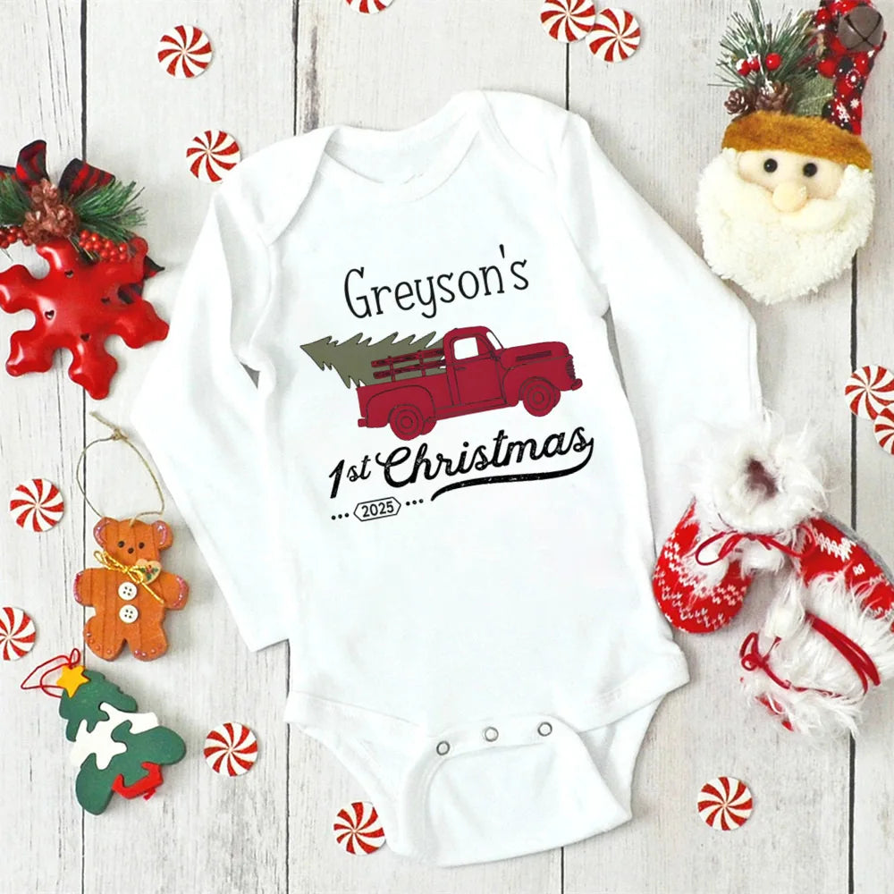 Personalised First Christmas Baby Outfit Newborn Baby Girls Boy Long Sleeve Cartoon Winter Romper My First Xmas Jumpsuit Outfit