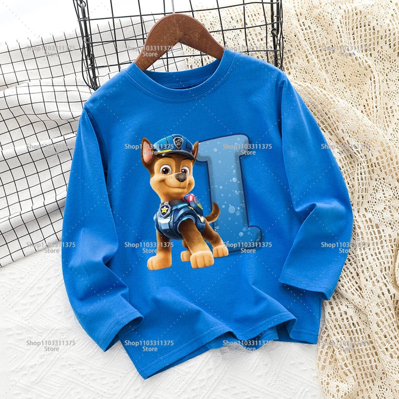 Cute PAW Patrol T-shirt Letter A-Z Print Top Long Sleeve Fashion Summer Boys Clothes Cartoon Kids Birthday Gift Outdoor Wear Tee