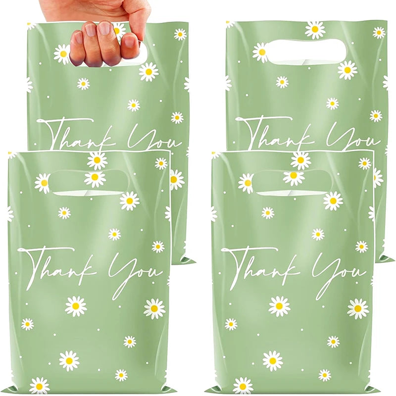 50Pcs Green Daisy Thank You Tote Gift Bags Plastic Candy Cookie Packaging Bag For Wedding Birthday Party Favors Small Business