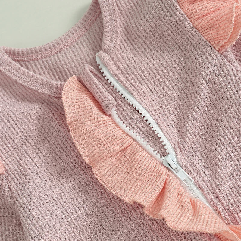 2024-05-11 Lioraitiin Baby Girls Outfit, Long Sleeve Crew Neck Frills Zipped Contrast Color Footies and Headband Fall Clothes