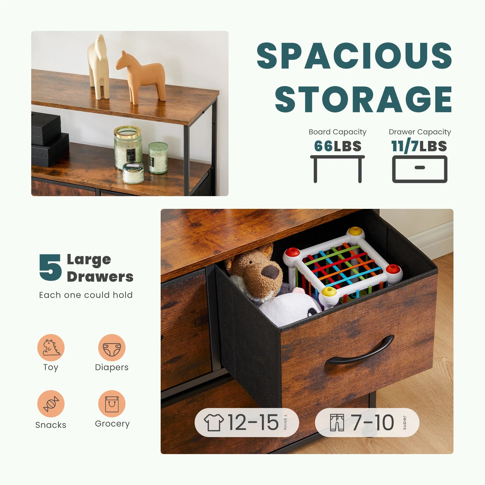 JHK cheminée meuble TV commode pour chambre à coucher avec 5 tiroirs en tissu placard de rangement poitrine vêtements rangement vitrine meubles