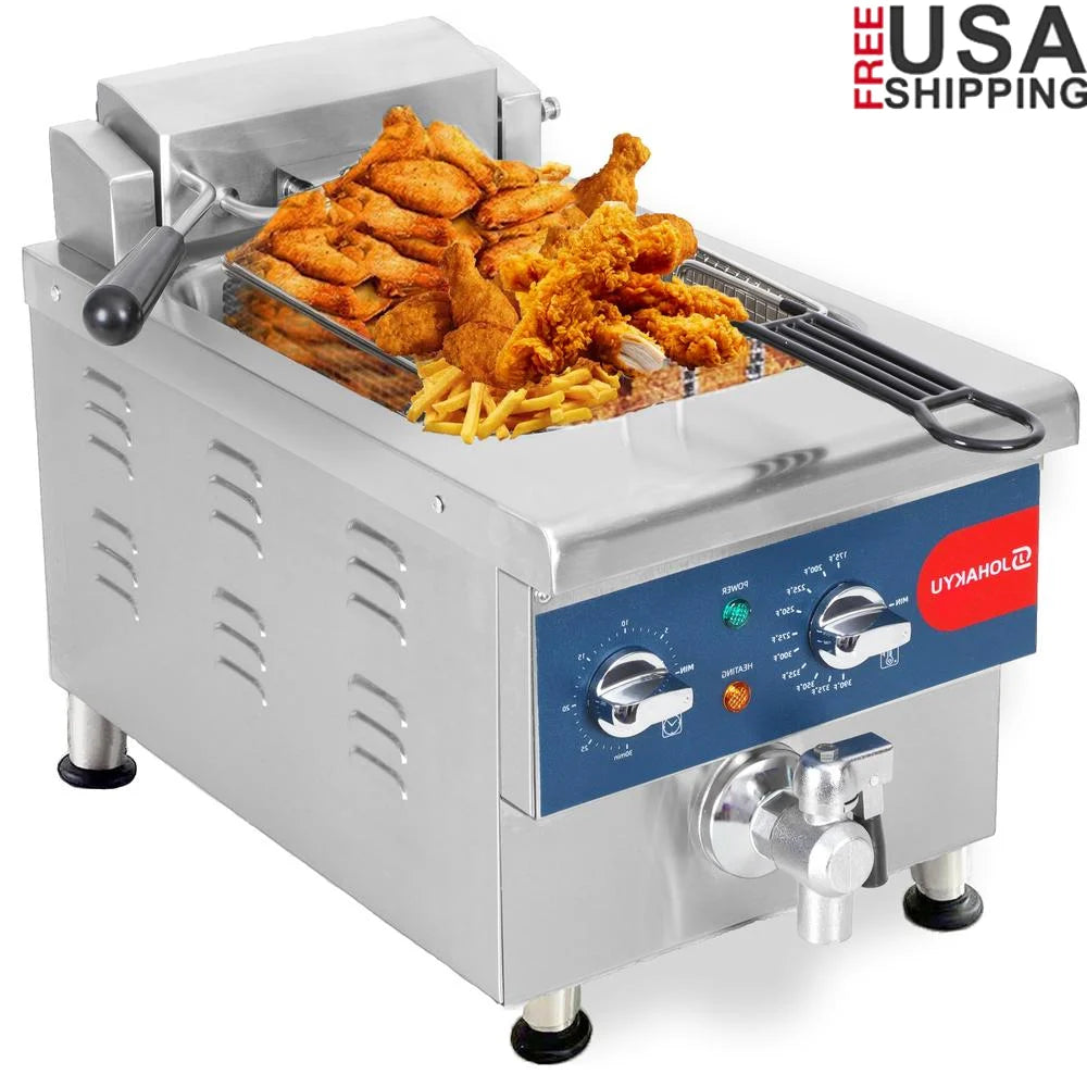 13Lbs Electric Commercial Deep Fryer Timer Drain Stainless Steel 6L Countertop Fryer Adjustable Temperature Oil Recycling