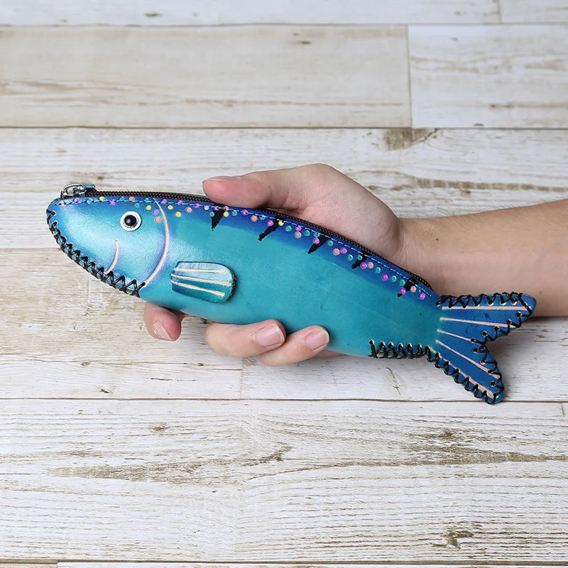 Head Layer Cowhide Creative Pencil Case Salted Fish Flip Storage Bag Personalized Fish Zero Wallet Storage Gift Giving Work Gift